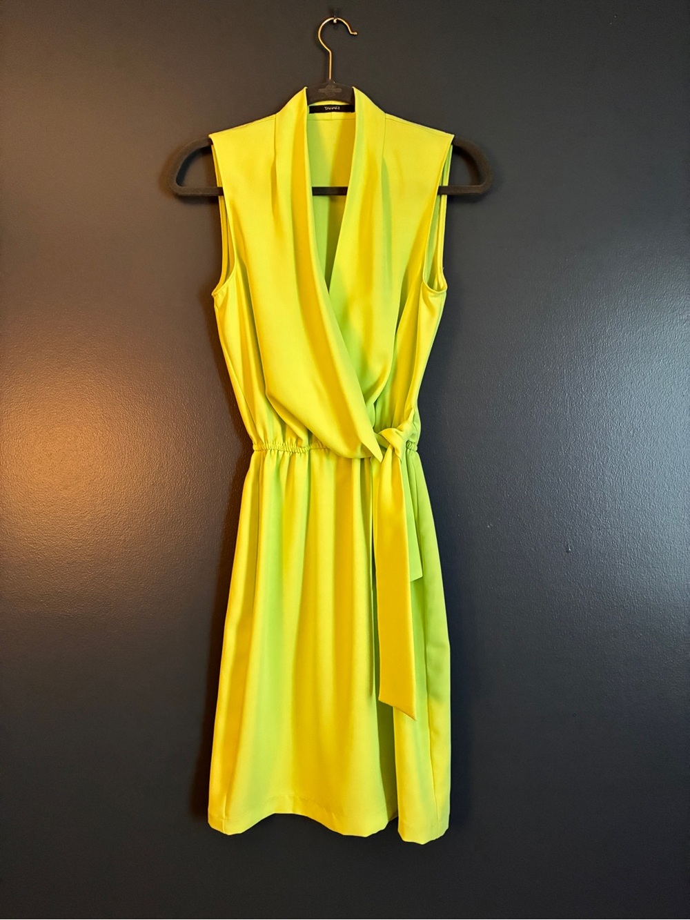 Tahari Neon Yellow Sleeveless Wrap-Style Dress